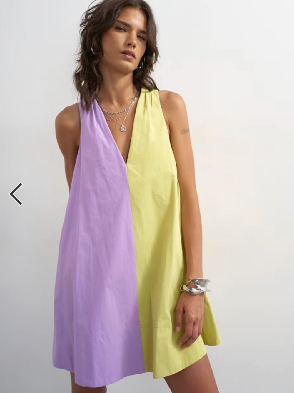 Topshop/ poplin halter neck deep hem trapeze mini dress in lilac and lime color